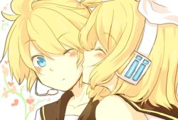 Rule 34 | 1boy, 1girl, bare shoulders, blonde hair, blue eyes, blush, brother and sister, closed eyes, flower, headset, heart, hetero, kagamine len, kagamine rin, kiss, lowres, one eye closed, siblings, tubomizaki, twins, vocaloid, wink