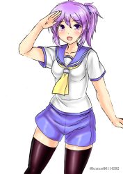 Rule 34 | 1girl, aoba (kancolle), black thighhighs, blue eyes, blue sailor collar, blue scrunchie, blue shorts, commentary request, kantai collection, kudou (ooabareteng), looking at viewer, neckerchief, ponytail, purple hair, sailor collar, salute, school uniform, scrunchie, serafuku, shorts, simple background, solo, thighhighs, twitter username, white background, yellow neckerchief