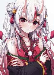 Rule 34 | 1girl, bare shoulders, bell, black kimono, blush, breasts, cleavage, closed mouth, commentary, crossed arms, double bun, fang, frilled sleeves, frills, gradient hair, hair bell, hair between eyes, hair bun, hair ornament, highres, hololive, horns, japanese clothes, jingle bell, karashi (asarikarasi), kimono, kouhaku nawa, long sleeves, looking at viewer, multicolored hair, nakiri ayame, nakiri ayame (1st costume), off shoulder, red eyes, red hair, rope, shimenawa, simple background, skin-covered horns, skin fang, smile, solo, streaked hair, tassel, upper body, virtual youtuber, white background, white hair