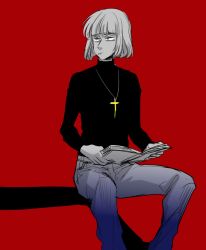 Rule 34 | 1boy, bad id, bad pixiv id, book, claude frollo, contemporary, cross, cross necklace, disney, jewelry, male focus, marimo (yousei ranbu), monochrome, necklace, one man&#039;s dream ii, open book, pants, red background, simple background, sitting, solo, sweater, the hunchback of notre dame, turtleneck, aged down