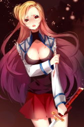 Rule 34 | 1girl, blonde hair, blood, breasts, cleavage, female focus, gradient background, injury, jacket, katana, large breasts, long hair, lowres, open mouth, shirt, skirt, solo, sword, sword girls, tears, weapon, yellow eyes