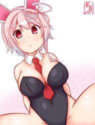 Rule 34 | 1girl, alternate breast size, animal ears, bare legs, between breasts, black leotard, breasts, covered navel, detached collar, fake animal ears, gradient background, highleg, highleg leotard, i-58 (kancolle), kanon (kurogane knights), kantai collection, large breasts, leotard, light brown hair, necktie, one-hour drawing challenge, pink background, pink eyes, playboy bunny, rabbit ears, red necktie, short hair, sitting, solo, strapless, strapless leotard