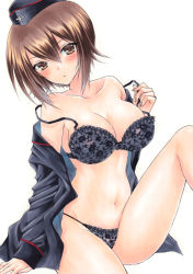 Rule 34 | 10s, 1girl, :o, black bra, black panties, blush, bra, breasts, brown eyes, brown hair, cleavage, girls und panzer, hat, large breasts, looking at viewer, marker (medium), millipen (medium), navel, nishizumi maho, off shoulder, panties, ren (endscape20), short hair, simple background, sitting, solo, traditional media, underwear, underwear only, white background