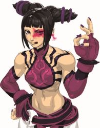 Rule 34 | 1girl, :q, bad id, bad pixiv id, beckoning, belt, black hair, blunt bangs, bracelet, breasts, chinese clothes, cowboy shot, detached sleeves, drill hair, dudou, fingerless gloves, gloves, glowing, glowing eye, halterneck, han juri, hand on own hip, jewelry, licking lips, midriff, multiple belts, nail polish, navel, pants, purple eyes, purple nails, rainygami, short hair, short twintails, sideboob, sidelocks, simple background, solo, spiked bracelet, spiked hair, spikes, standing, street fighter, street fighter iv (series), toned, tongue, tongue out, twin drills, twintails