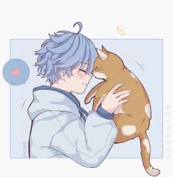 Rule 34 | 1boy, ^ ^, ahoge, animal, artist name, ayacchirin, blue background, blue hair, blue hoodie, blush, border, cat, character name, chongyun (genshin impact), closed eyes, commentary, drawstring, english commentary, genshin impact, hair between eyes, hands up, heart, highres, holding, holding animal, holding cat, hood, hood down, hoodie, long sleeves, male focus, notice lines, outside border, parted lips, profile, puffy long sleeves, puffy sleeves, short hair, sidelocks, simple background, smile, solo, speech bubble, spoken heart, upper body, white border