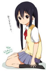 Rule 34 | 1girl, black hair, blush, brown eyes, k-on!, long hair, looking at viewer, nakano azusa, neck ribbon, official style, ragho no erika, red ribbon, ribbon, school uniform, seiza, sitting, solo, text focus, translation request, twintails