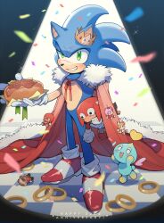 Rule 34 | 1boy, 1other, amy rose, blue fur, cape, chao (sonic), chili dog, confetti, crown, dr. eggman, food, fur-trimmed cape, fur trim, furry, furry male, gloves, green eyes, grin, happy anniversary, highres, holding, holding food, knuckles the echidna, looking at viewer, male focus, red footwear, ring (sonic), shadow the hedgehog, sk rokuro, smile, solo focus, sonic (series), sonic the hedgehog, spotlight, standing, tails (sonic), white gloves
