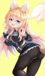 Rule 34 | 1girl, animal ear fluff, animal ears, ass, black jacket, black pantyhose, black skirt, blonde hair, blue eyes, blue oath, blush, breasts, claw pose, commentary, fang, fox ears, fox girl, fox tail, hair between eyes, heart, highres, impossible clothes, jacket, large breasts, le fantasque (blue oath), leg up, long hair, long sleeves, looking at viewer, looking back, necktie, open mouth, pantyhose, red necktie, simple background, skirt, solo, tail, yellow background, yukizuki chikuba