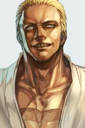 Rule 34 | 1boy, blonde hair, dougi, evil eyes, evil grin, evil smile, fatal fury, geese howard, grin, hungry clicker, male focus, muscular, no pupils, portrait, short hair, smile, snk, solo, teeth, the king of fighters