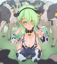 Rule 34 | 1girl, animal, animal ears, animal print, antlers, bare shoulders, bell, bikini, black bikini, blush, braid, braided bangs, branch, breasts, bucket, ceres fauna, cleavage, collarbone, comb, cow, cow ears, cow girl, cow horns, cow print, cow print bikini, cowbell, ear tag, gloves, grass, green hair, highres, hololive, hololive english, horns, kneeling, large breasts, long hair, looking at viewer, mole, mole under eye, moral cacoethes, multicolored hair, neck bell, on grass, print bikini, print gloves, print thighhighs, scissors, smile, solo, streaked hair, swimsuit, thighhighs, virtual youtuber, white bikini, yellow eyes