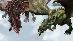 Rule 34 | 1boy, 1girl, capcom, claws, dragon, fangs, flying, highres, monster, monster hunter (series), no humans, open mouth, rathalos, rathian, scales, teeth, wings