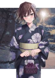 Rule 34 | 1girl, absurdres, aketa mikoto, blush, brown hair, floral print, flower, gradient hair, hair flower, hair ornament, head tilt, highres, hourai ninjin, idolmaster, idolmaster shiny colors, japanese clothes, kimono, letterboxed, light brown hair, light smile, looking at viewer, multicolored eyes, multicolored hair, nail, night, obi, outdoors, photo background, ponytail, print kimono, sash, solo, wide sleeves