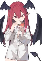 Rule 34 | 1girl, black wings, breasts, buttons, cigarette, cowboy shot, demon tail, demon wings, fire, garasuno, hair between eyes, hands up, head wings, highres, koakuma, long hair, long sleeves, looking at viewer, magic circle, mouth hold, pointy ears, red eyes, red hair, shirt, sideboob, sidelocks, simple background, small breasts, smoking, solo, standing, tail, touhou, white background, white shirt, wings