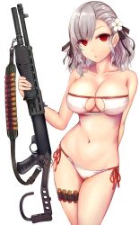 Rule 34 | 1girl, :o, absurdres, bandolier, bikini, blush, breasts, cartridge, cleavage, combat shotgun, commentary request, cowboy shot, dual-mode shotgun, flower, franz (217franz), girls&#039; frontline, gun, hair flower, hair ornament, hair ribbon, highres, holding, holding weapon, large breasts, looking at viewer, navel, official alternate costume, pump-action shotgun, pump action, red eyes, ribbon, semi-automatic firearm, semi-automatic shotgun, shotgun, side-tie bikini bottom, silver hair, solo, spas-12, spas-12 (girls&#039; frontline), spas-12 (midsummer fruit) (girls&#039; frontline), swimsuit, thigh strap, twintails, weapon, white background, white bikini