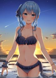 Rule 34 | 1girl, absurdres, bad id, bad twitter id, bare arms, bare shoulders, bikini, blue bikini, blue eyes, blue hair, blue ribbon, blush, bracelet, breasts, cloud, comet, cowboy shot, hair ribbon, highres, hololive, hoshimachi suisei, jewelry, long hair, looking at viewer, navel, outdoors, parted lips, pepushi drow, ribbon, side ponytail, sky, small breasts, smile, solo, standing, star (sky), stomach, sunset, swimsuit, teeth, upper teeth only, virtual youtuber, water, wet, wrist cuffs