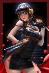 Rule 34 | 1girl, artist name, ayya sap, bare shoulders, black dress, black hair, breasts, cleavage, dagger, dress, earrings, gold earrings, gold hairband, hair ornament, hairband, holding, holding dagger, holding knife, holding weapon, jewelry, knife, large breasts, lips, long hair, looking at viewer, patreon username, red eyes, sidelocks, smile, solo, spy x family, stiletto (weapon), thick thighs, thighs, watermark, weapon, yor briar