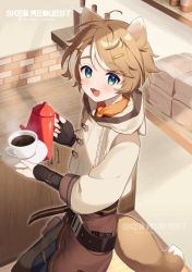 Rule 34 | 1boy, :d, ahoge, animal ears, apron, black pants, brown apron, brown hair, coffee, coffee pot, commentary, commission, cup, fangs, green eyes, hair ornament, hairclip, holding, holding saucer, hood, hood down, hooded jacket, indoors, jacket, looking at viewer, male focus, multicolored hair, open mouth, original, pants, saucer, skeb commission, smile, solo, streaked hair, swept bangs, tail, thick eyebrows, white hair, white jacket, yamabukiiro