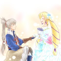 Rule 34 | 1boy, 1girl, blonde hair, blush, bouquet, bow, closed eyes, detached sleeves, dress, earrings, elise (fire emblem), fire emblem, fire emblem fates, flower, gloves, grey hair, hair ribbon, happy, hetero, japanese clothes, jewelry, kneeling, light particles, long hair, miyu (celestialeyes), multicolored hair, nintendo, open mouth, petals, ponytail, marriage proposal, ribbon, smile, strapless, strapless dress, takumi (fire emblem), twintails, two-tone hair, very long hair, wedding dress