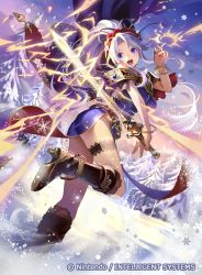 Rule 34 | 1girl, boots, bracelet, cloud, company name, copyright name, dress, electricity, fire emblem, fire emblem: genealogy of the holy war, fire emblem cipher, from side, holding, holding sword, holding weapon, jewelry, konfuzikokon, long hair, looking to the side, nintendo, official art, open mouth, outdoors, ponytail, purple eyes, purple hair, ring, sky, snow, snowflakes, solo, sword, tailtiu (fire emblem), tree, weapon