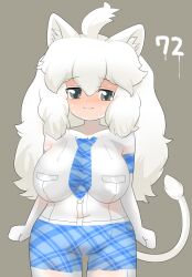 Rule 34 | 1girl, :3, ahoge, animal ear fluff, animal ears, blush, bodypaint, breasts, closed mouth, commentary request, completely nude, cowboy shot, full-face blush, grey background, grey eyes, highres, kemono friends, large breasts, lets0020, lion ears, lion girl, lion tail, long hair, looking at viewer, medium bangs, nipples, nude, numbered, painted clothes, smile, solo, tail, white hair, white lion (kemono friends)
