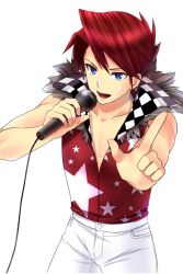 Rule 34 | 1boy, blue eyes, male focus, microphone, red hair, short hair, simple background, solo, umineko no naku koro ni, ushiromiya battler, vest, white background, yuumare