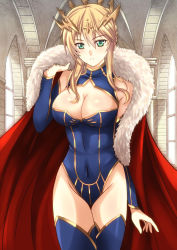Rule 34 | absurdres, ahoge, artoria pendragon (fate), artoria pendragon (lancer) (fate), blue legwear, blue leotard, braid, breasts, cape, cleavage, covered navel, crown, fate/grand order, fate (series), french braid, fur-trimmed cape, fur trim, gauntlets, heattech leotard, highres, large breasts, leotard, red cape, sawwei005, sidelocks, turtleneck