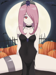 Rule 34 | 1girl, bat (animal), black dress, breasts, brown hair, covered navel, dress, fence, full moon, groin, hair over one eye, halloween, highres, little witch academia, long hair, looking at viewer, medium breasts, moon, night, night sky, outdoors, parted lips, pumpkin, red eyes, shiny skin, sky, smile, solo, spread legs, star (sky), sucy manbavaran, teeth