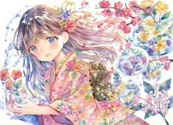Rule 34 | 1girl, :d, branch, brown hair, floral print, flower, furisode, hair flower, hair ornament, highres, holding, holding vase, japanese clothes, kimono, long hair, open mouth, original, painting (medium), pink kimono, smile, solo, traditional media, vase, water drop, watercolor (medium), white background, yukoring