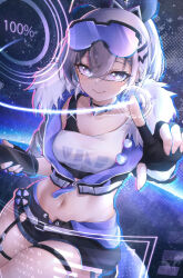 Rule 34 | 1girl, absurdres, black gloves, black shorts, cellphone, choker, commentary, crop top, cropped jacket, eyewear on head, fingerless gloves, fur-trimmed jacket, fur trim, gloves, grey eyes, grey hair, highres, holding, holding phone, honkai: star rail, honkai (series), jacket, looking at viewer, midriff, navel, phone, shirt, short shorts, shorts, silver wolf (honkai: star rail), single-shoulder shirt, smartphone, smile, solo, stomach, sunglasses, thigh strap, thighs, van.elv, white shirt