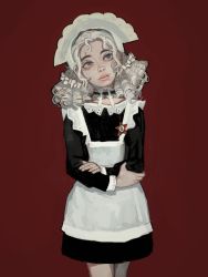 Rule 34 | 1girl, absurdres, apron, black choker, black dress, blue eyes, bonnet, choker, cowboy shot, crossed arms, dress, drill hair, freckles, head tilt, hellboy (comic), highres, long sleeves, looking up, maid, maid headdress, medium hair, mossacannibalis, neck ribbon, pale skin, parted lips, pink lips, red background, red star, ribbon, simple background, solo, standing, star (symbol), varvara (hellboy), white apron, white ribbon