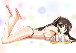 Rule 34 | 1girl, bikini, black eyes, black hair, breasts, commentary request, cup, full body, kinfuji, looking at viewer, lying, medium breasts, on stomach, original, pink bikini, sandals, side-tie bikini bottom, smile, solo, swimsuit, touge chayako, tray, twintails, white background, yunomi