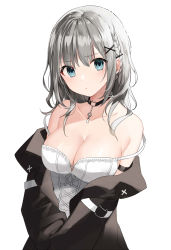 Rule 34 | aqua eyes, black coat, blush, braid, breasts, cleavage, coat, collarbone, commentary, hair ornament, highres, jewelry, key, key necklace, large breasts, looking at viewer, medium hair, necklace, off shoulder, original, silver hair, single braid, solo, spaghetti strap, strap slip, white background, x hair ornament, yon (letter)