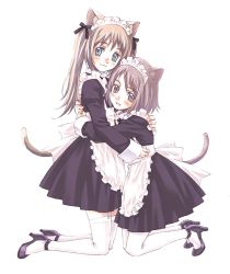 Rule 34 | animal ears, cat ears, cat tail, character request, garter straps, high heels, kneeling, maid, nyaou, simple background, strappy heels, tagme, tail, thighhighs, tiptoes, twintails, white background