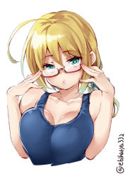 Rule 34 | 1girl, ahoge, bare shoulders, blonde hair, blue eyes, blue one-piece swimsuit, breast press, breasts, cleavage, ebifurya, highres, i-8 (kancolle), kantai collection, large breasts, lips, long hair, looking at viewer, low twintails, one-piece swimsuit, parted lips, school swimsuit, semi-rimless eyewear, simple background, solo, swimsuit, twintails, twitter username, under-rim eyewear, white background
