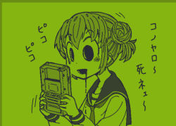 Rule 34 | 1girl, 4shi, :d, bags under eyes, commentary request, dango-chan (4shi), drooling, flat color, green theme, hair bun, handheld game console, hands up, holding, holding handheld game console, hollow eyes, long sleeves, monochrome, motion lines, neckerchief, open mouth, original, pixel art, playing games, sailor collar, school uniform, serafuku, short hair, simple background, smile, solo, sound effects, translated, upper body
