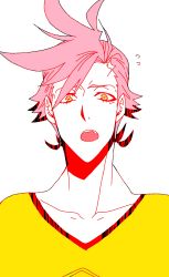 Rule 34 | 10s, 1boy, carnibal0380, highres, kiznaiver, looking at viewer, male focus, open mouth, pink hair, short hair, solo, tenga hajime, yellow eyes
