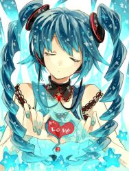 Rule 34 | 1girl, adapted costume, aqua nails, bare shoulders, blue hair, braid, closed eyes, facing viewer, fingernails, hatsune miku, headphones, heart, heart hands, long hair, nail polish, sleeveless, solo, star (symbol), twin braids, twintails, upper body, very long hair, vocaloid, wonoco0916