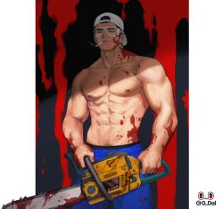 Rule 34 | 1boy, artist name, backwards hat, baseball cap, black hair, blood, blood on clothes, blood on face, blood on hands, blue pants, chainsaw, cigarette, hat, highres, holding, holding chainsaw, large pectorals, male focus, muscular, muscular male, odol illust, original, pants, pectorals, power tool, short hair, smoking, solo, topless male, visor