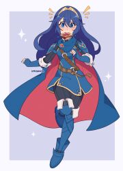 Rule 34 | 1girl, absurdres, black pants, blue eyes, blue footwear, blue gloves, blue hair, blush, bread slice, cape, cremanata, elbow gloves, fire emblem, fire emblem awakening, food, food in mouth, gloves, highres, long hair, lucina (fire emblem), mouth hold, nintendo, pants, simple background, toast, toast in mouth