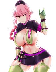 Rule 34 | 1girl, belt, bikini, braid, braided ponytail, breasts, commentary request, fate/grand order, fate (series), florence nightingale (fate), florence nightingale (trick or treatment) (fate), garter straps, gloves, green bikini, green gloves, green thighhighs, hat, highres, kankitsu kei, large breasts, layered bikini, long hair, looking at viewer, miniskirt, navel, nurse cap, official alternate costume, pink hair, red eyes, revealing clothes, shrug (clothing), simple background, skirt, solo, swimsuit, syringe, thighhighs, white background