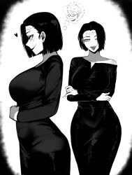 Rule 34 | 1girl, absurdres, black dress, blush, bob cut, breasts, dress, from side, glasses, highres, image in thought bubble, itadori jin, itadori kaori, jujutsu kaisen, kenjaku, large breasts, masoq, monochrome, scar, scar on face, scar on forehead, short hair, smile, solo, thinking, thought bubble, tongue, tongue out, wide hips