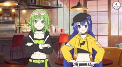 Rule 34 | 2girls, april fools, bar (place), belt, black belt, black headwear, black jacket, black pants, blue hair, cabbie hat, couch, cropped hoodie, cropped jacket, crossed arms, drawstring, green belt, green hair, green tube top, gumi, hands on own hips, hat, highres, hood, hood down, hoodie, indoors, jacket, lamp, long hair, long sleeves, looking at viewer, low twintails, multiple girls, official style, otomachi una, pants, pink-tinted eyewear, project sekai, round eyewear, shorts, skc, stool, strapless, table, tinted eyewear, tube top, twintails, very long hair, vivid bad squad (project sekai), vocaloid, white shorts, yellow hoodie