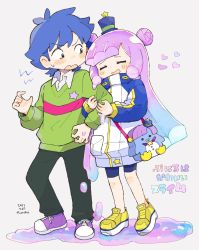 Rule 34 | 156m, 1boy, 1girl, animal bag, arm hug, bad id, bad twitter id, bike shorts, blue hair, blue headwear, blue shorts, blush, closed eyes, double bun, gradient hair, green sweater, grey background, hair bun, hat, heart, highres, jacket, kawaii kotarou, long hair, looking at another, mini hat, mini top hat, monster girl, multicolored hair, open mouth, pink hair, puniru (puniru wa kawaii slime), puniru wa kawaii slime, shoes, shorts, simple background, slime (substance), slime girl, smile, sneakers, sweatdrop, sweater, top hat