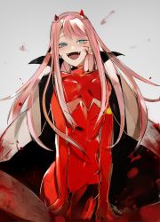 Rule 34 | 10s, 1girl, aqua eyes, black cape, blood, blood on face, bodysuit, breasts, cape, darling in the franxx, fangs, feet out of frame, gradient background, hairband, hiiragi mina, horns, long hair, looking at viewer, medium breasts, open mouth, pilot suit, pink hair, simple background, skin tight, solo, white hairband, zero two (darling in the franxx)