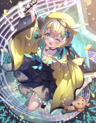 Rule 34 | 1girl, ;d, animal ears, aqua hair, beamed eighth notes, beret, black skirt, blonde hair, blue collar, blush, cat, collar, crossed bangs, eighth note, hair ornament, hakama, hakama skirt, haori, hat, highres, holding, holding microphone, japanese clothes, jewelry, jumping, long hair, looking at viewer, microphone, multicolored hair, musical note, noir eku, one eye closed, open mouth, pendant, quarter note, shinengumi, skirt, smile, solo, staff (music), star (symbol), star hair ornament, streaked hair, suzukaze shitora, virtual youtuber, white hair, yellow haori, yellow hat
