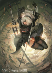 Rule 34 | 1girl, 2b (nier:automata), alphonse (white datura), android, arms up, backlighting, bad proportions, black dress, black footwear, black gloves, black thighhighs, blindfold, blurry, boots, broken, cleavage cutout, closed mouth, clothes lift, clothing cutout, copyright name, covered eyes, debris, dress, dress lift, artistic error, facing viewer, full body, gloves, glowing, gluteal fold, hair over one eye, hairband, highres, holding, holding sword, holding weapon, jumping, katana, long sleeves, md5 mismatch, mole, mole under mouth, nier:automata, nier (series), panties, puffy sleeves, short dress, short hair, side slit, silver hair, solo, spread fingers, sword, thigh boots, thigh gap, thighhighs, underwear, vambraces, weapon, wind, wind lift, wrong hand