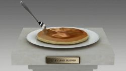 Rule 34 | 00s, copyright name, food, food focus, fork, gradient background, grey background, honey, honey and clover, no humans, pancake, photorealistic, pillar, plate, realistic, screencap, still life, syrup