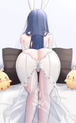 Rule 34 | 1girl, absurdres, all fours, animal ears, ass, azur lane, bed sheet, blue hair, bridal veil, cameltoe, commentary, dress, fake animal ears, feet out of frame, female focus, from behind, gloves, highres, kirin3145, kneepits, long hair, manjuu (azur lane), new jersey (azur lane), new jersey (snow-white ceremony) (azur lane), official alternate costume, on bed, panties, pillow, rabbit ears, see-through, solo, straight hair, symbol-only commentary, underwear, veil, wedding dress, white dress, white gloves, white panties