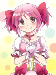 Rule 34 | 10s, 1girl, blush, bow, gloves, hands on own chest, kaname madoka, looking at viewer, magical girl, mahou shoujo madoka magica, mahou shoujo madoka magica (anime), own hands together, pink eyes, pink hair, sakayama shinta, short twintails, smile, solo, twintails