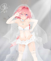 Rule 34 | 1boy, absurdres, androgynous, artist request, astolfo (fate), blush, braid, bridal veil, bride, choker, collarbone, crossdressing, dress, elbow gloves, fang, fate/apocrypha, fate (series), garter straps, gloves, grey background, highres, male bride, male focus, midriff, navel, one eye closed, pink hair, purple eyes, see-through, solo, thighhighs, thighs, trap, v, v over eye, veil, wedding dress, white gloves, white thighhighs, wink